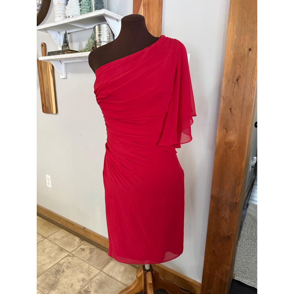 Tadashi Shoji‎ Red One Shoulder Ruched Chiffon Cocktail Dress Flutter Sleeve 6